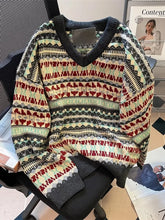 Hearujoy French Retro Jacquard Color Blocked V-neck Sweater Women Early Autumn Lazy Style Worn Outside Soft Sticky Knitted Sweater Top